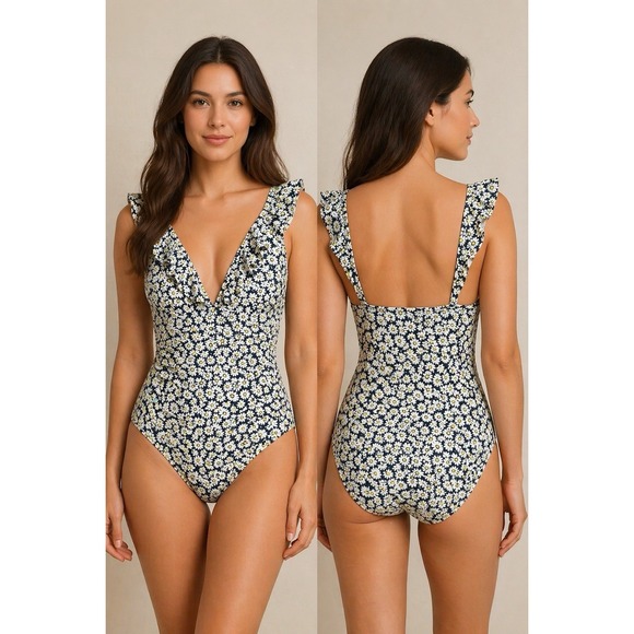 J.CREW Other - J. Crew Women's XL Daisy Floral One Piece Swimsuit Ruffle V Neck Navy